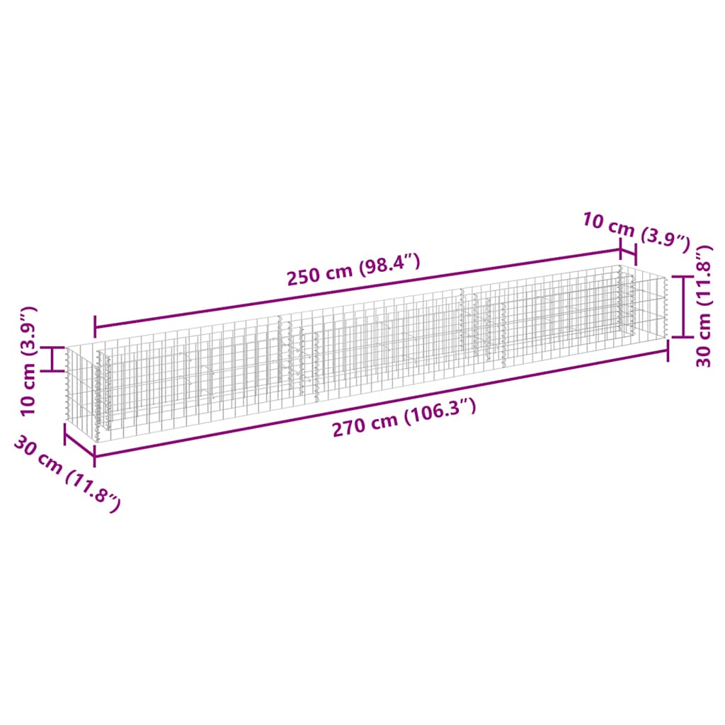 Gabion Raised Bed Galvanised Steel 270x30x30 cm