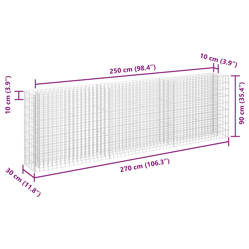 Gabion Raised Bed Galvanised Steel 270x30x90 cm