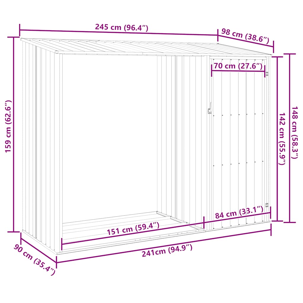 Garden Firewood Shed Grey 245x98x159 cm Galvanised Steel