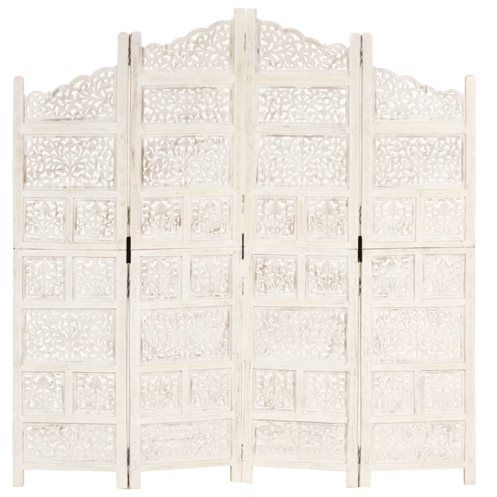 Hand carved 4-Panel Room Divider White 160x165 cm Solid Mango Wood