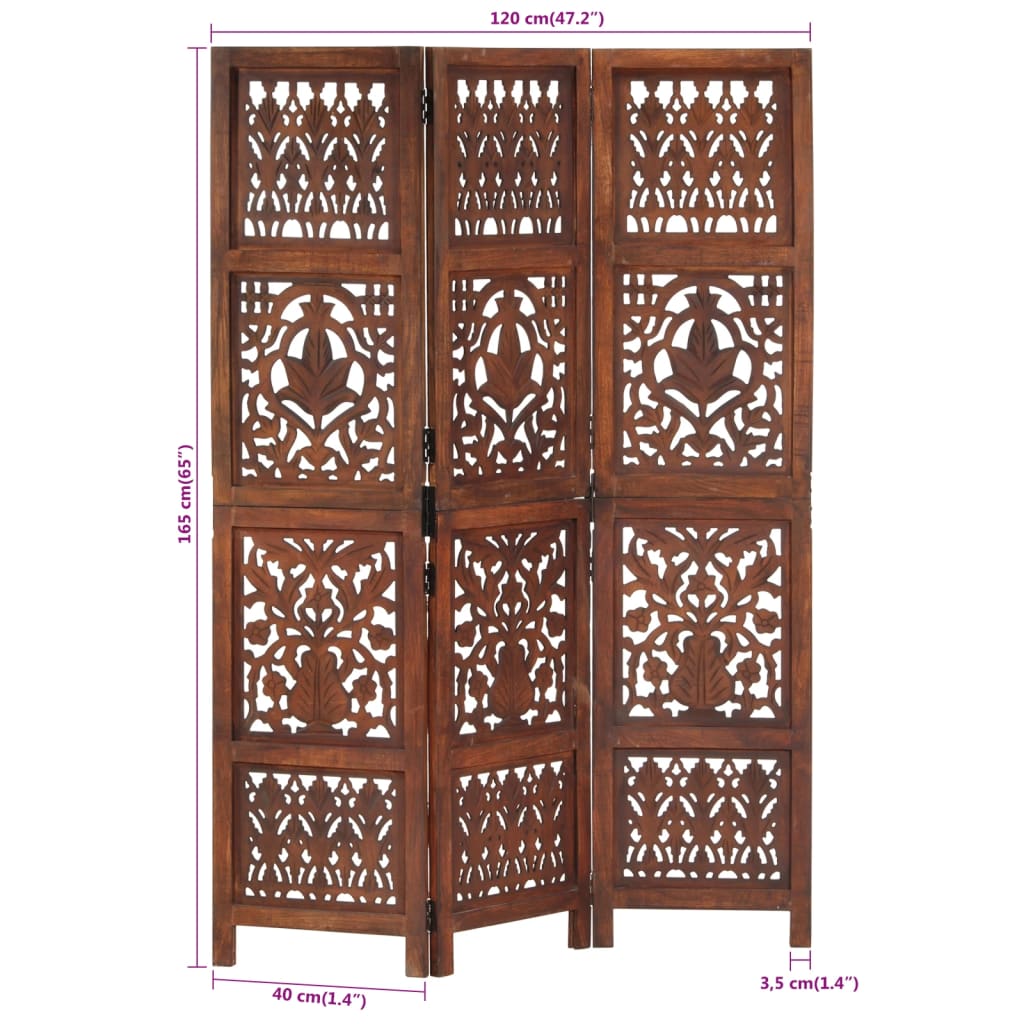 Hand Carved 3-Panel Room Divider Brown 120x165 cm Solid Mango Wood