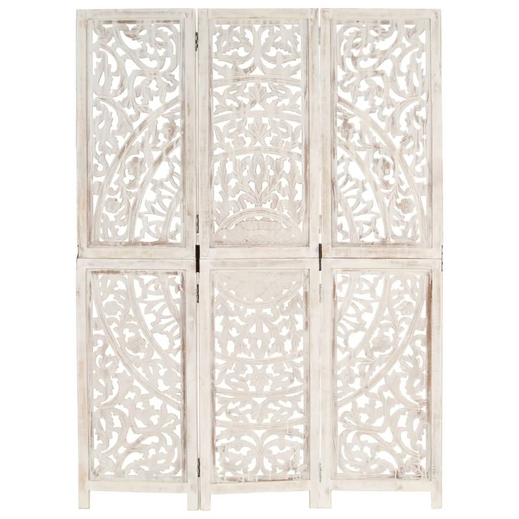 Hand carved 3-Panel Room Divider White 120x165 cm Solid Mango Wood