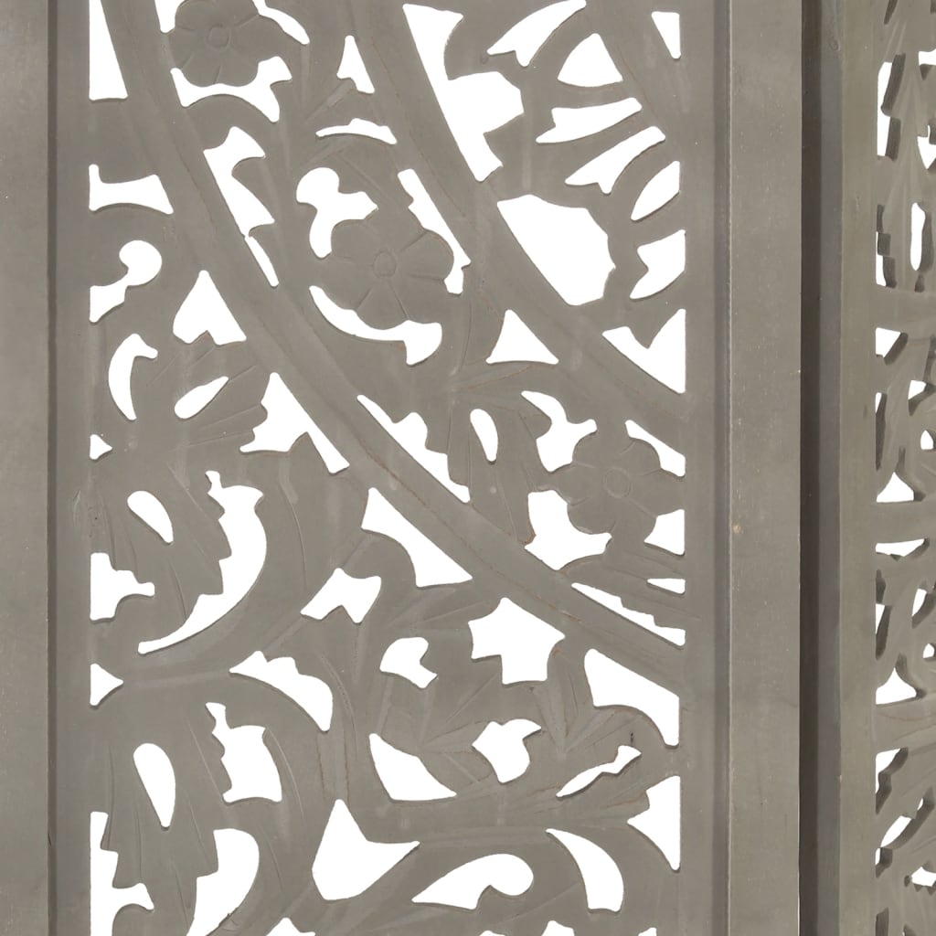 Hand carved 3-Panel Room Divider Grey 120x165 cm Solid Mango Wood