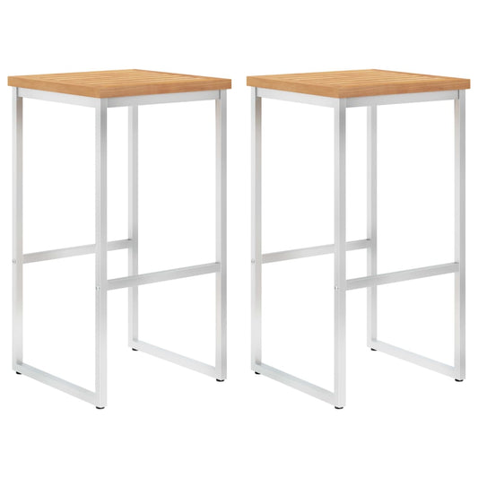 Bar Stools 2 pcs Solid Teak Wood and Stainless Steel