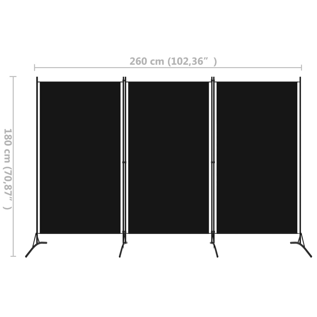 3-Panel Room Divider Black 260x180 cm Fabric