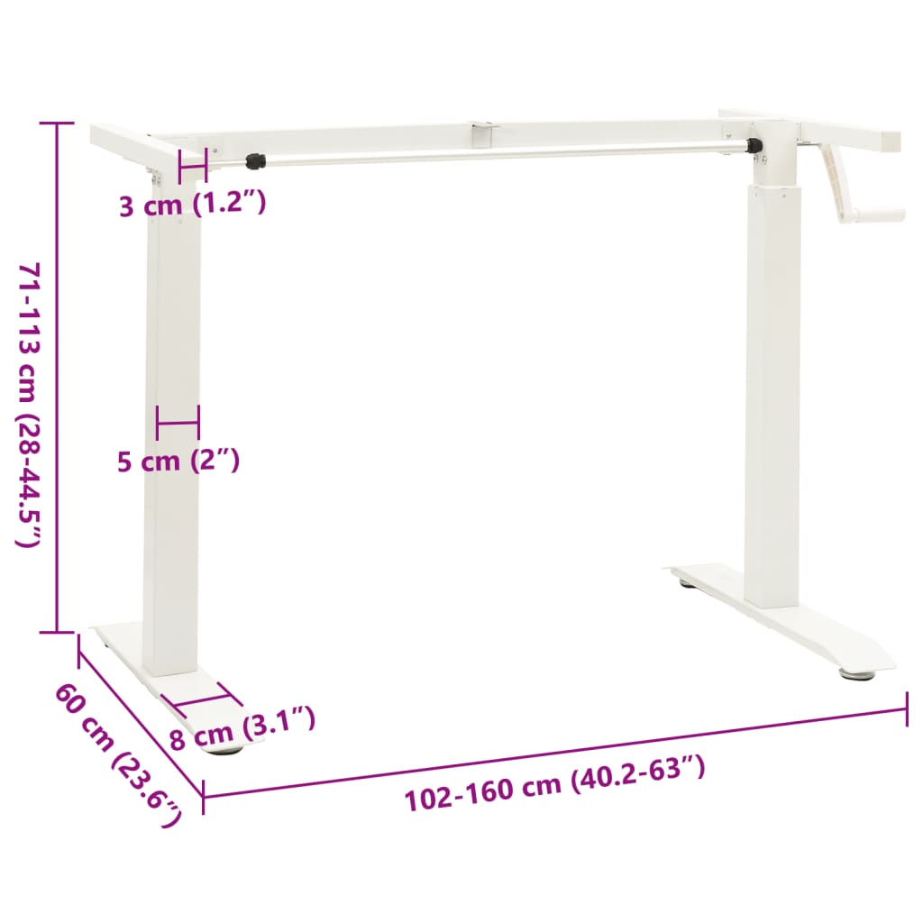 Manual Height Adjustable Standing Desk Frame Hand Crank White