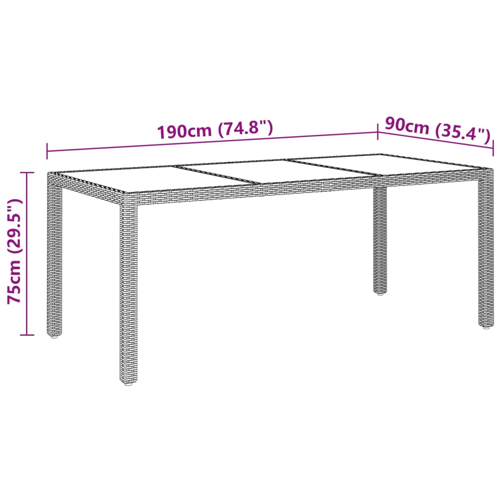 Garden Table 190x90x75 cm Tempered Glass and Poly Rattan Brown