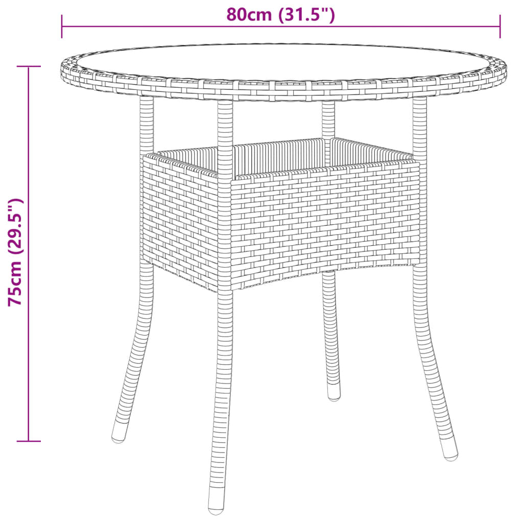 Garden Table Ø80x75 cm Tempered Glass and Poly Rattan Brown