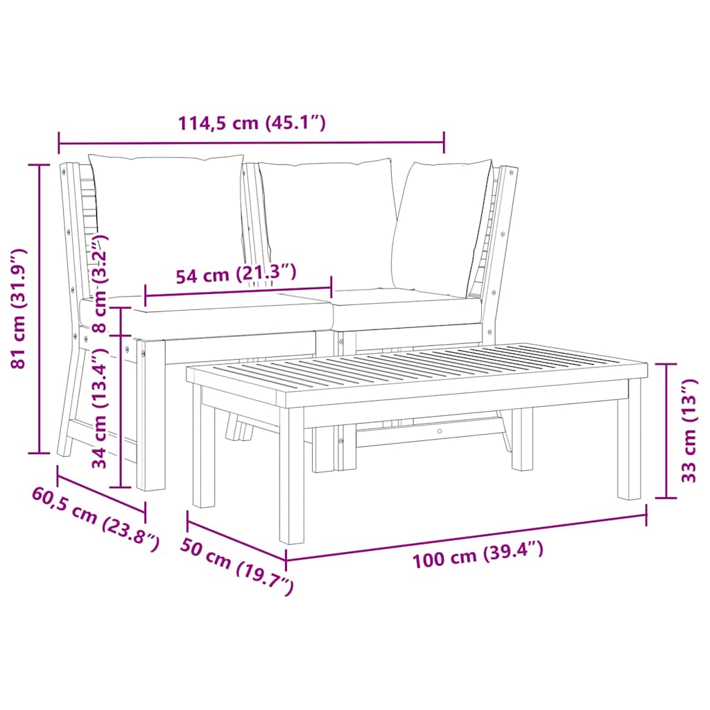 3 Piece Garden Lounge Set with Cream Cushion Solid Acacia Wood