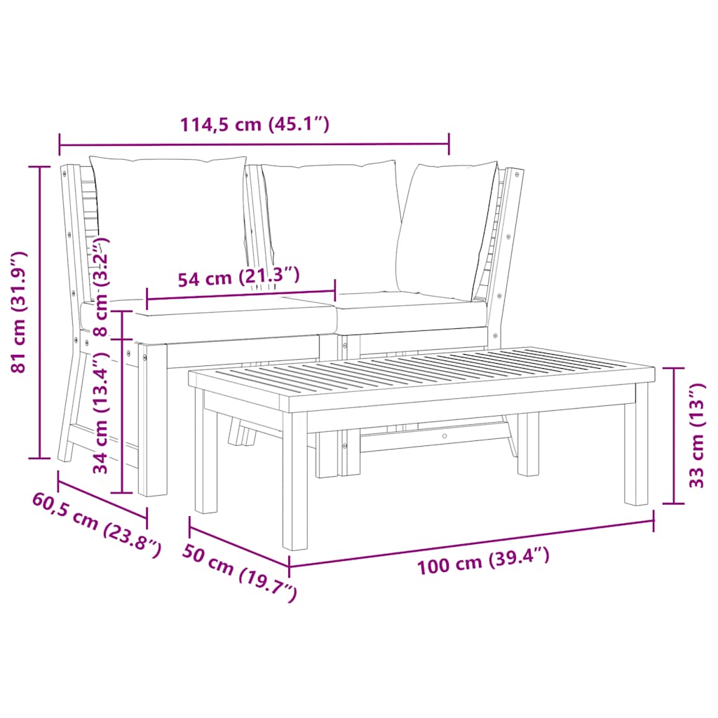 3 Piece Garden Lounge Set with Dark Grey Cushion Solid Acacia Wood