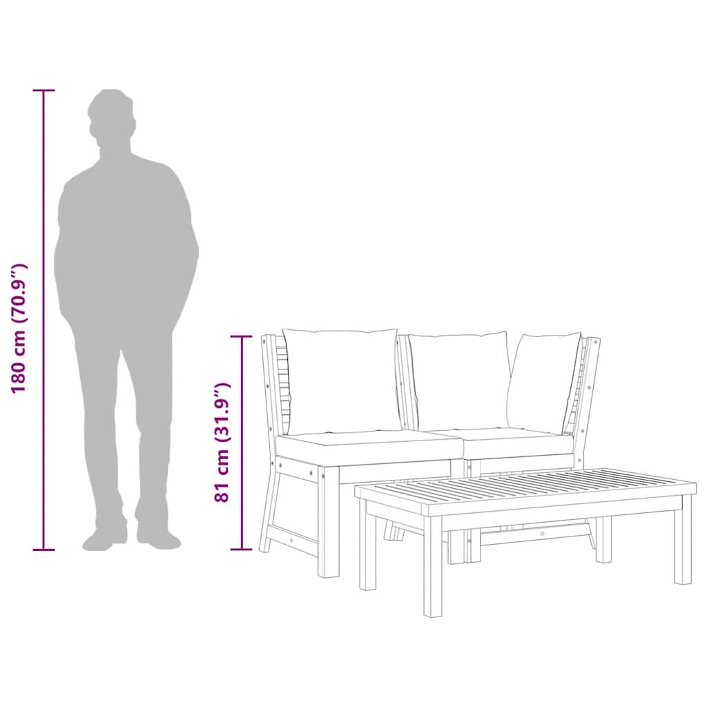 3 Piece Garden Lounge Set with Dark Grey Cushion Solid Acacia Wood