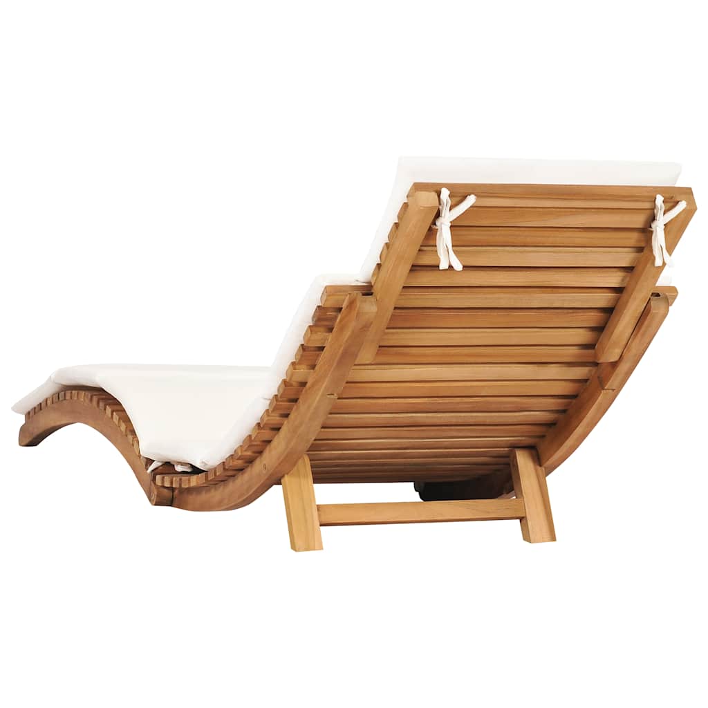 Folding Sun Lounger with Cream White Cushion Solid Teak Wood