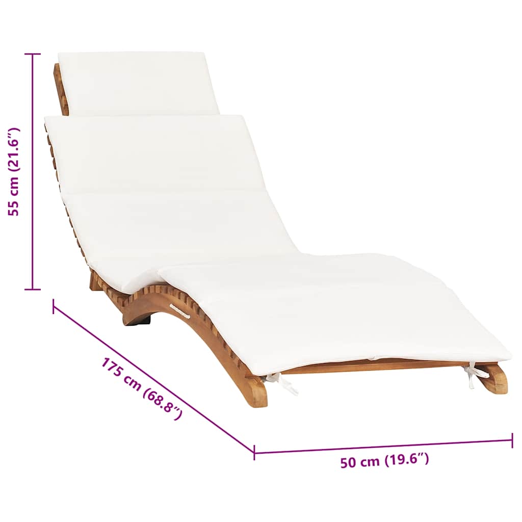 Folding Sun Lounger with Cream White Cushion Solid Teak Wood
