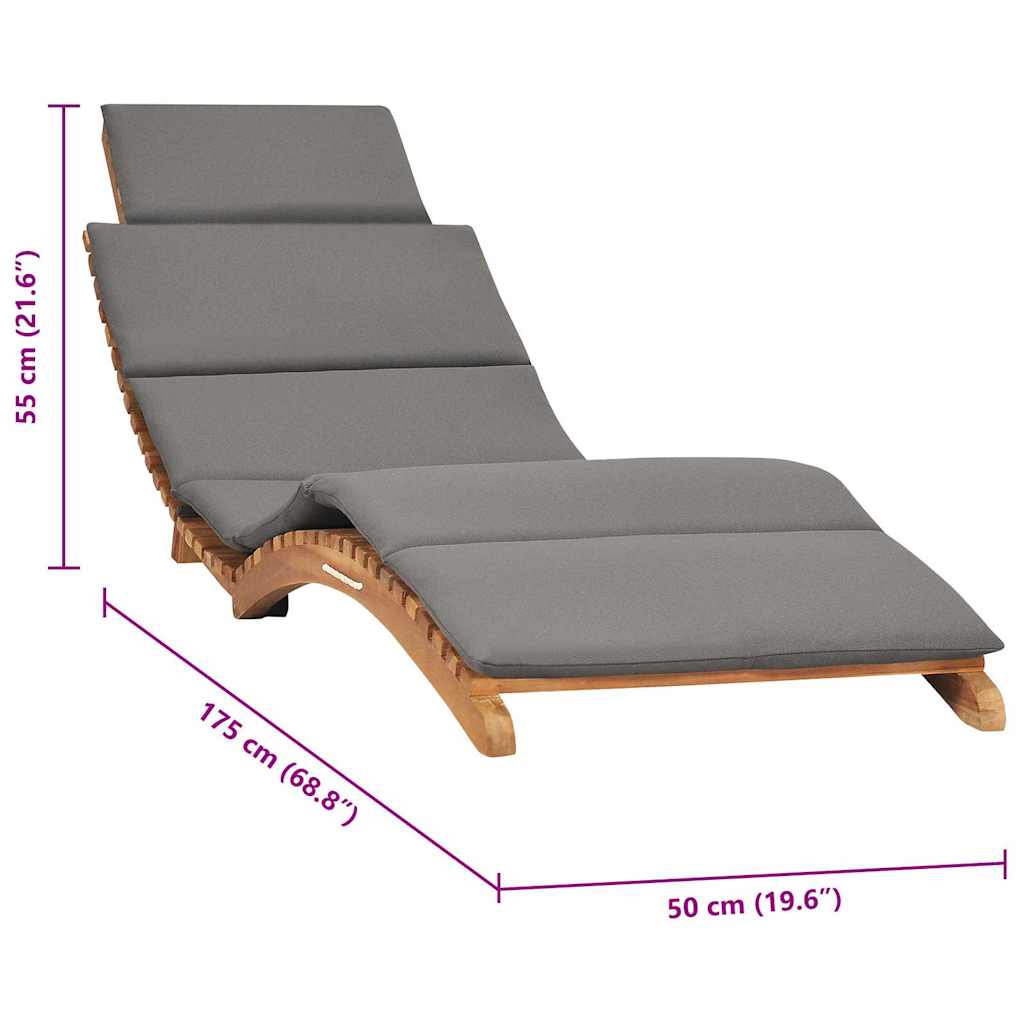 Folding Sun Lounger with Dark Grey Cushion Solid Teak Wood