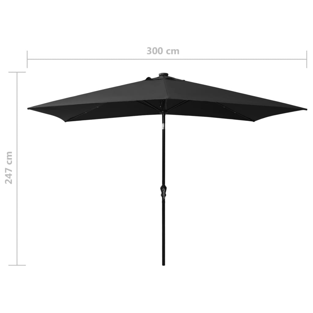 Garden Parasol with LEDs and Steel Pole Black 2x3 m