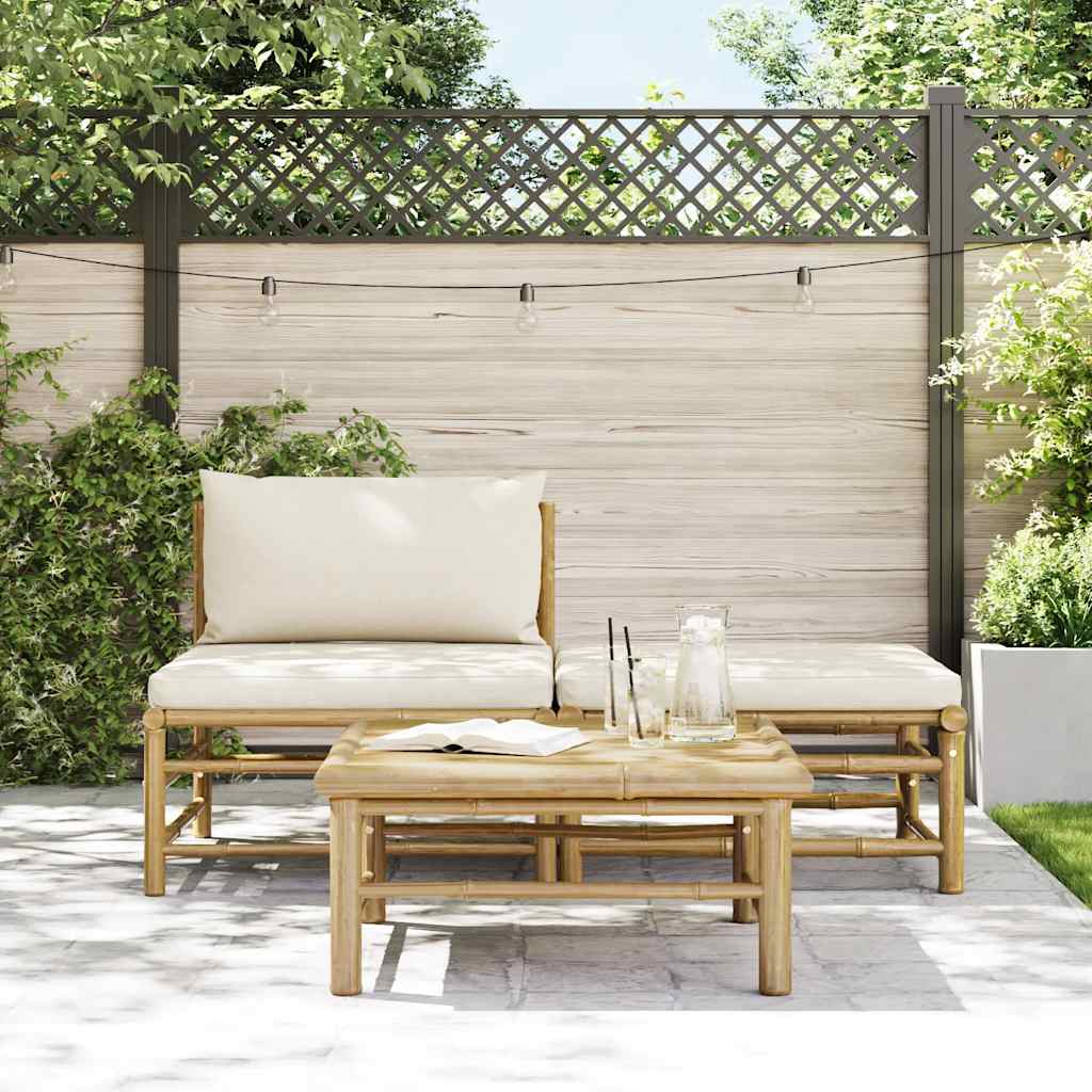 3 Piece Garden Lounge Set with Cream White Cushions Bamboo