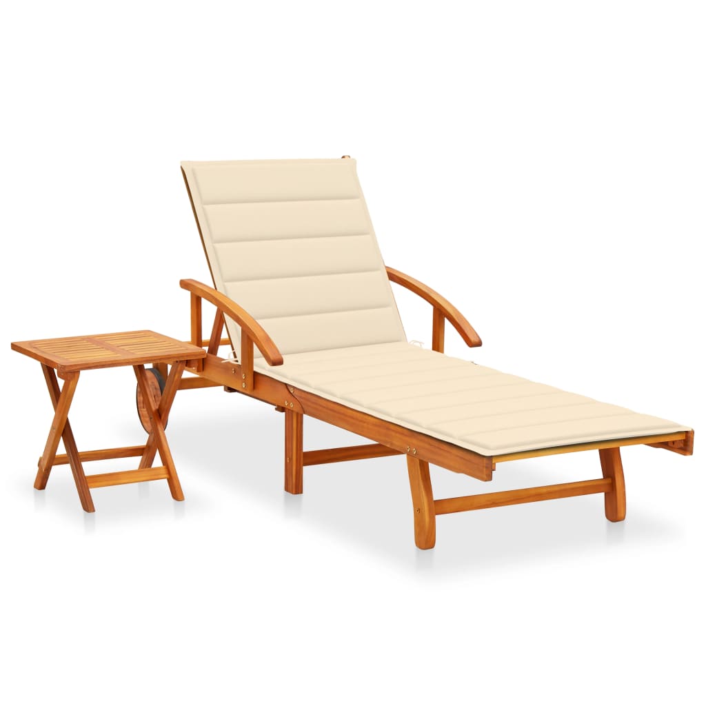 Garden Sun Lounger with Table and Cushion Solid Wood Acacia