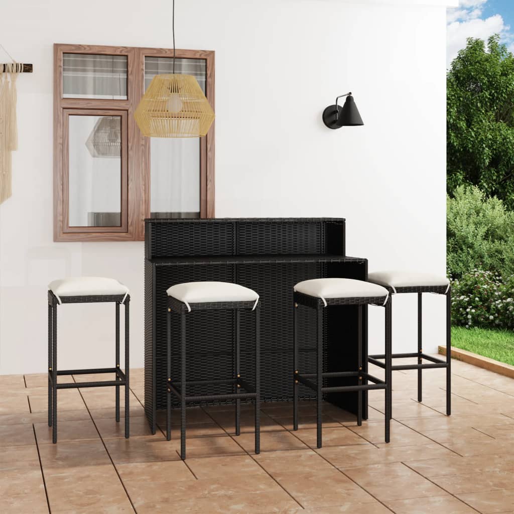 5 Piece Garden Bar Set with Cushions Black