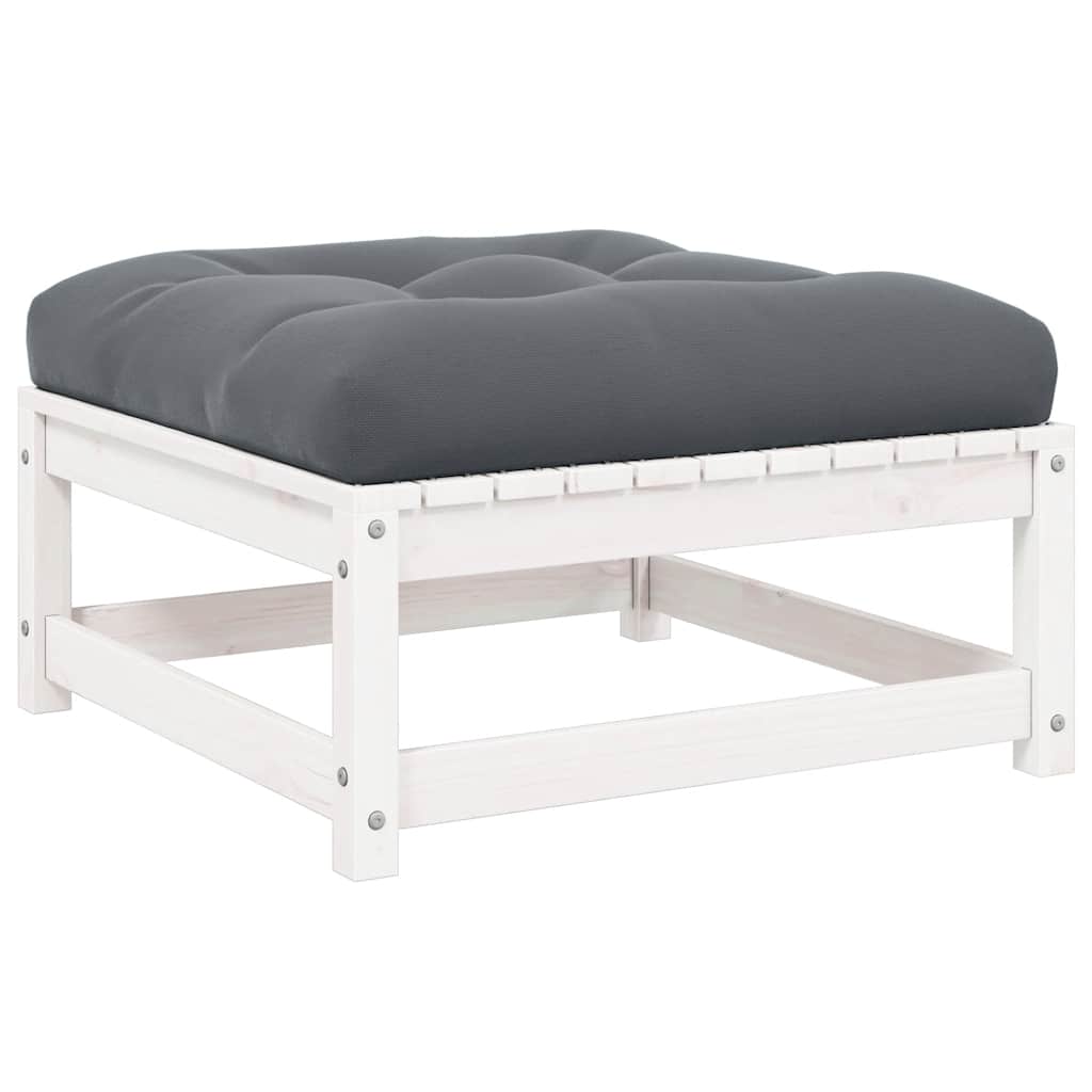Garden Footstool with Cushion White Solid Pinewood