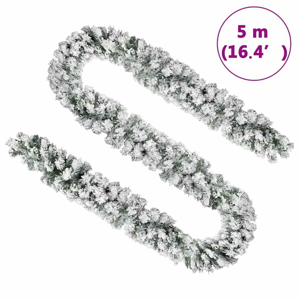 Christmas Garland with LEDs&Flocked Snow Green 5 m PVC
