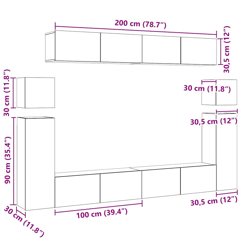 8 Piece TV Cabinet Set White Engineered Wood