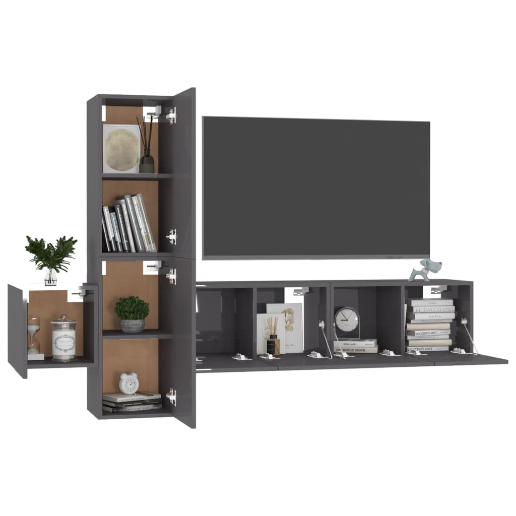 5 Piece TV Cabinet Set High Gloss Grey Engineered Wood