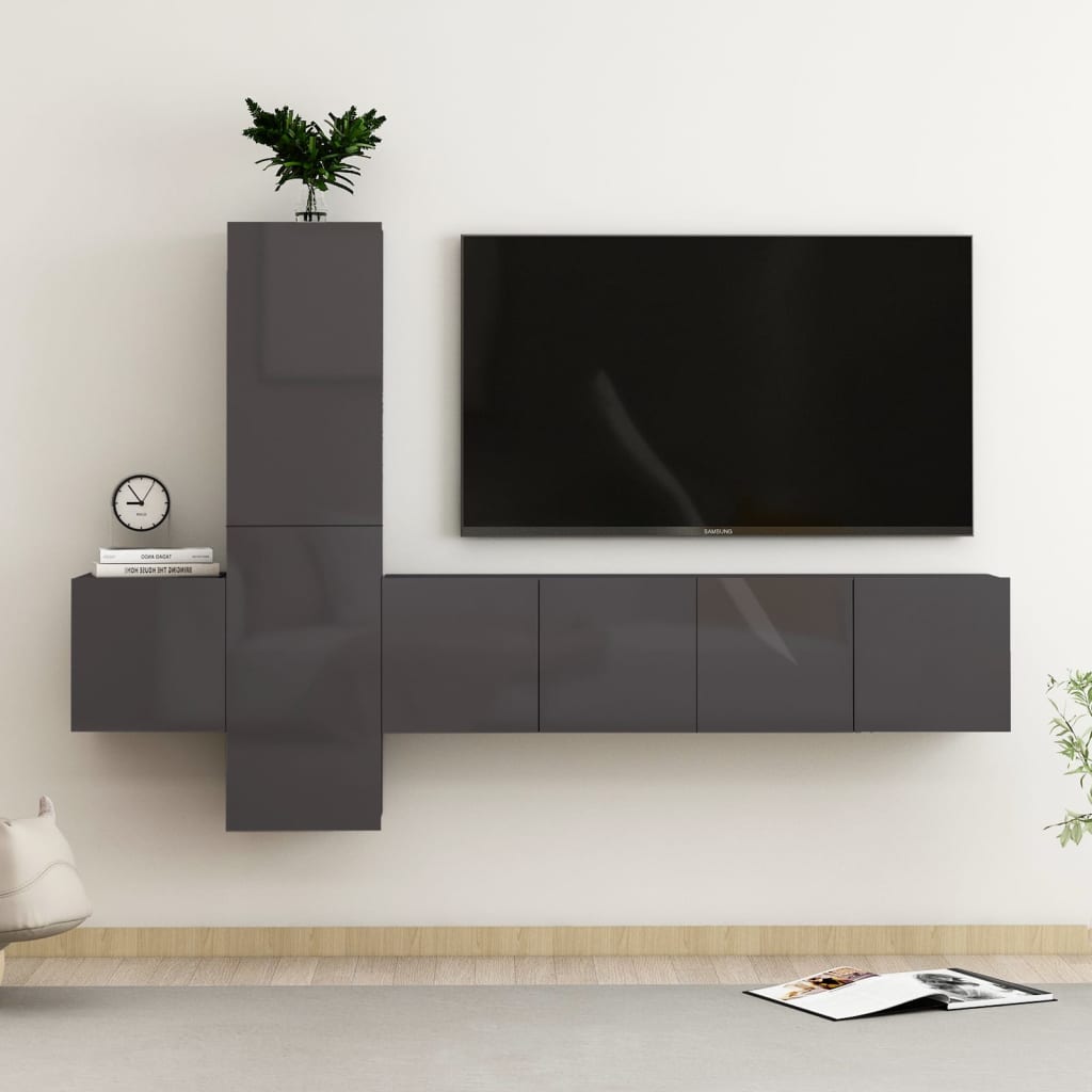 5 Piece TV Cabinet Set High Gloss Grey Engineered Wood