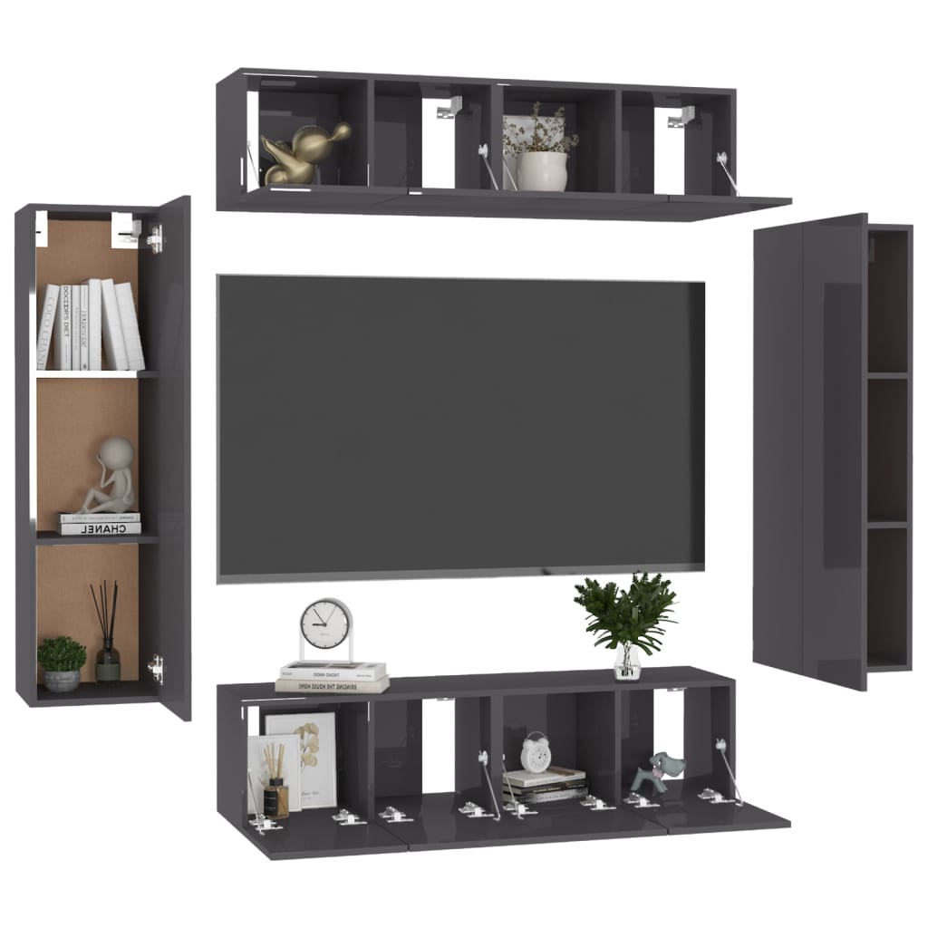 6 Piece TV Cabinet Set High Gloss Grey Engineered Wood