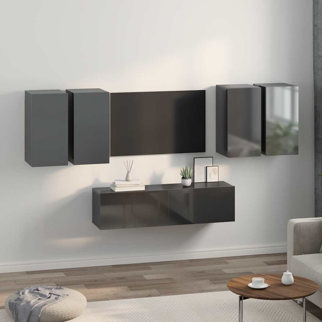 6 Piece TV Cabinet Set High Gloss Grey Engineered Wood