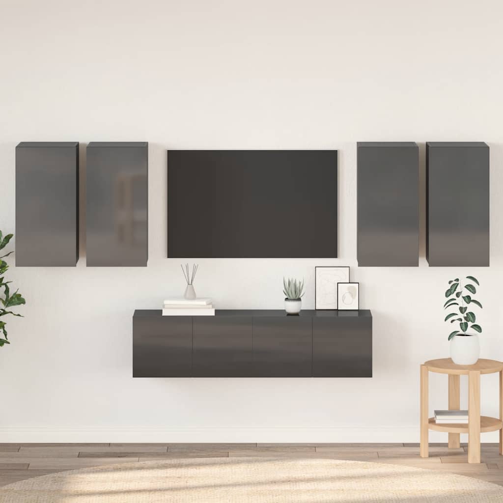 6 Piece TV Cabinet Set High Gloss Grey Engineered Wood