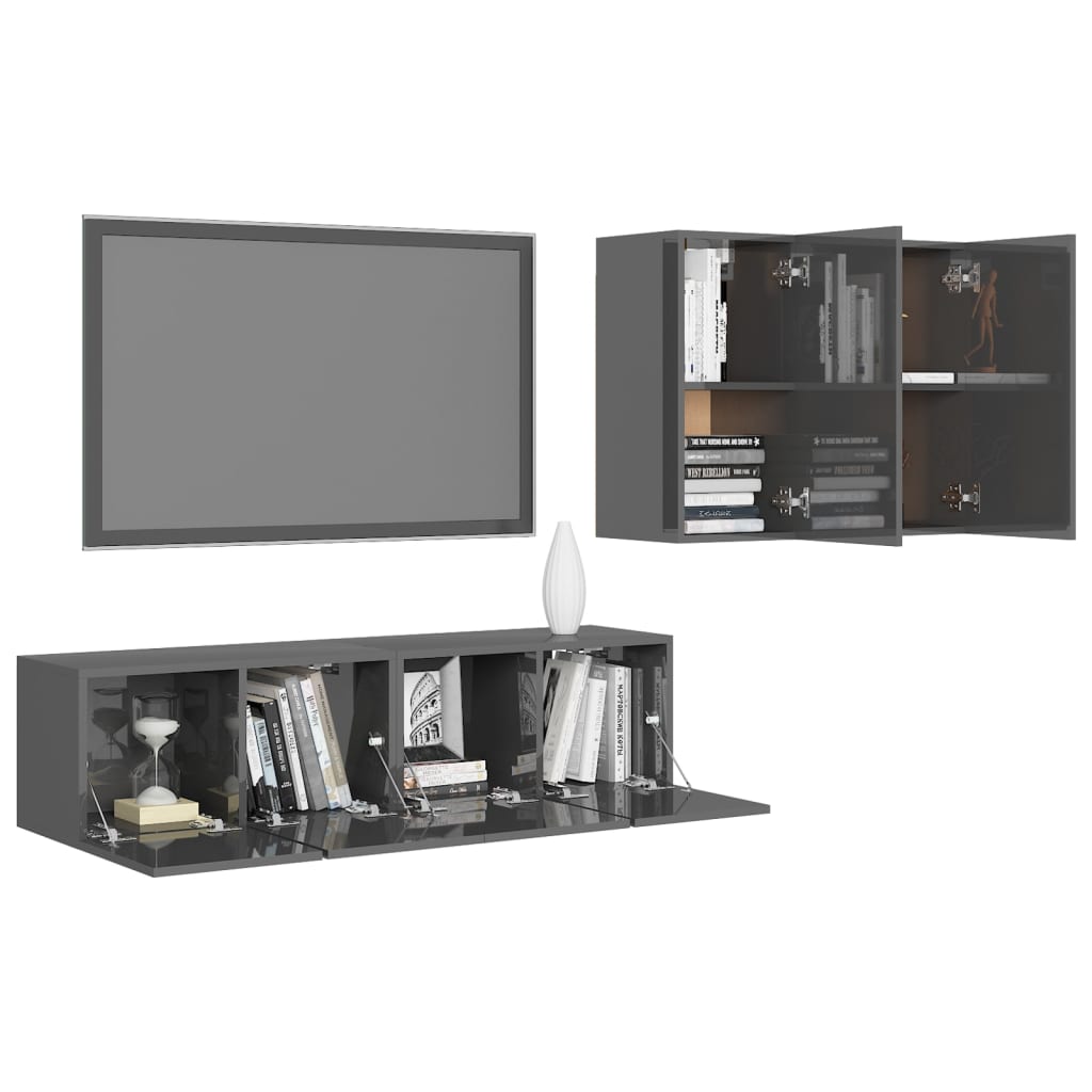 4 Piece TV Cabinet Set High Gloss Grey Engineered Wood