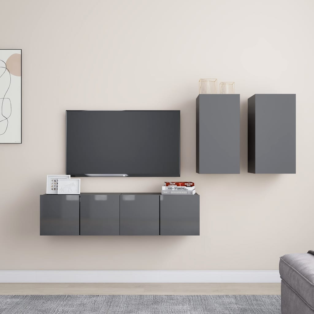 4 Piece TV Cabinet Set High Gloss Grey Engineered Wood