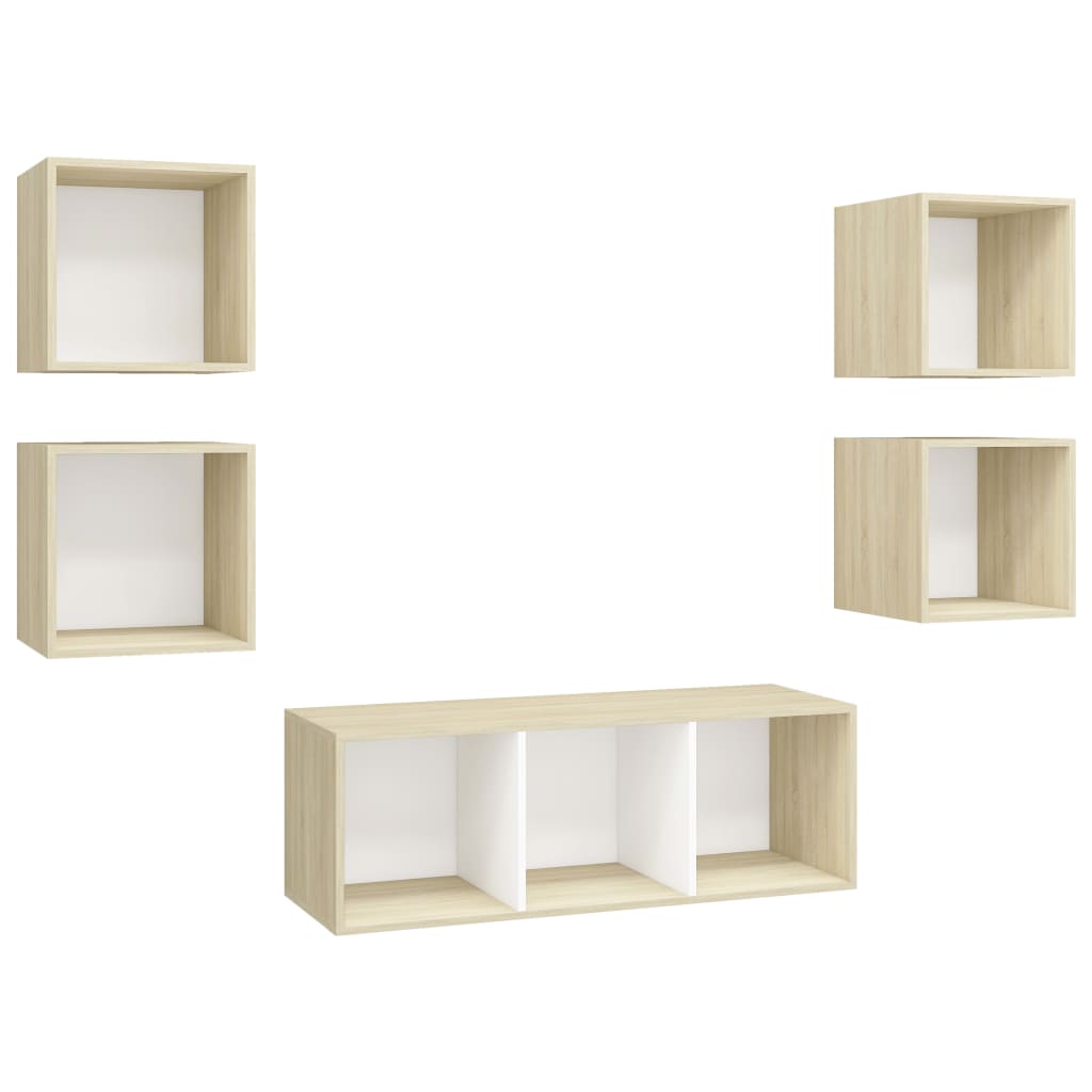 5 Piece TV Cabinet Set White and Sonoma Oak Engineered Wood
