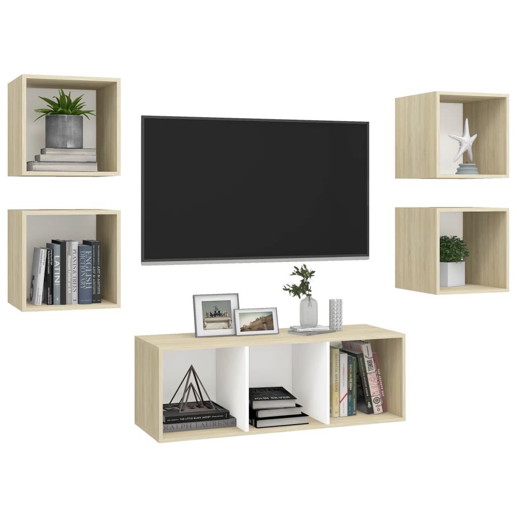 5 Piece TV Cabinet Set White and Sonoma Oak Engineered Wood