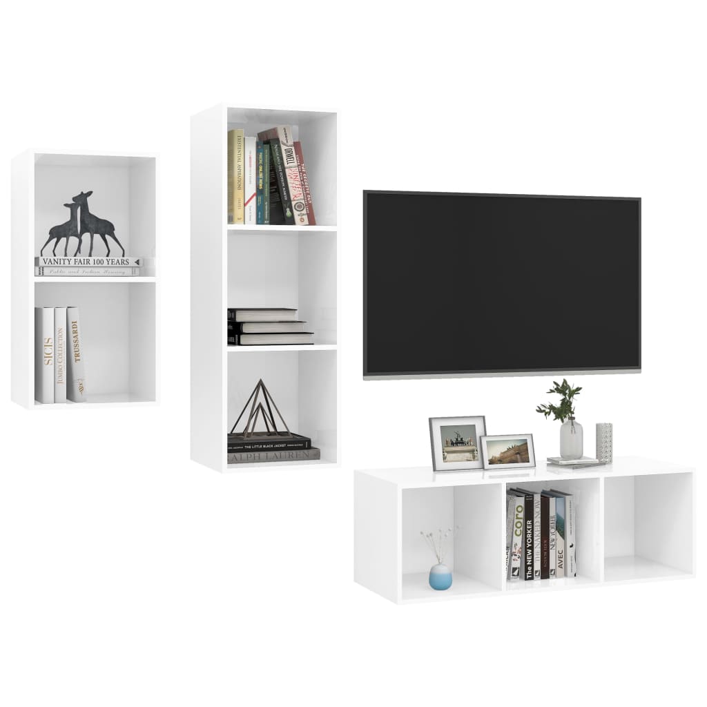 3 Piece TV Cabinet Set High Gloss White Engineered Wood