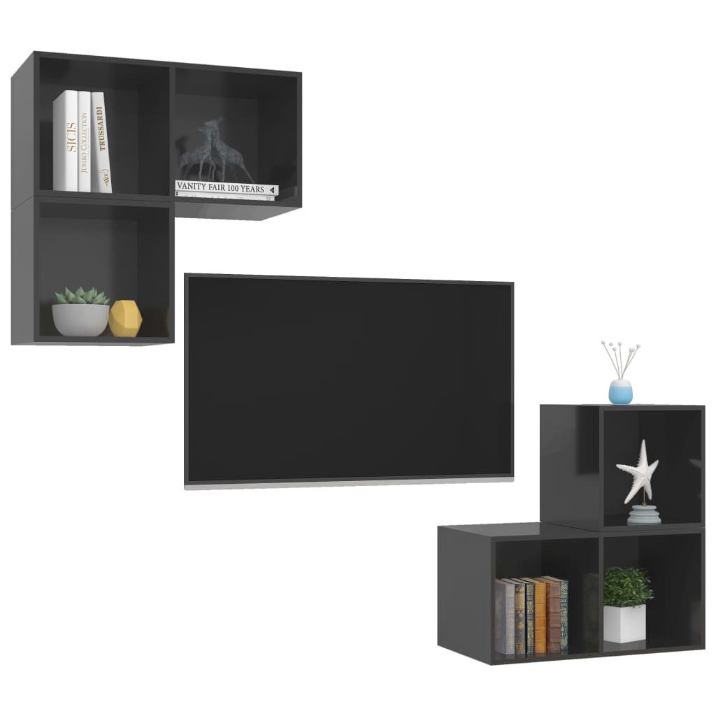 4 Piece TV Cabinet Set High Gloss Grey Engineered Wood