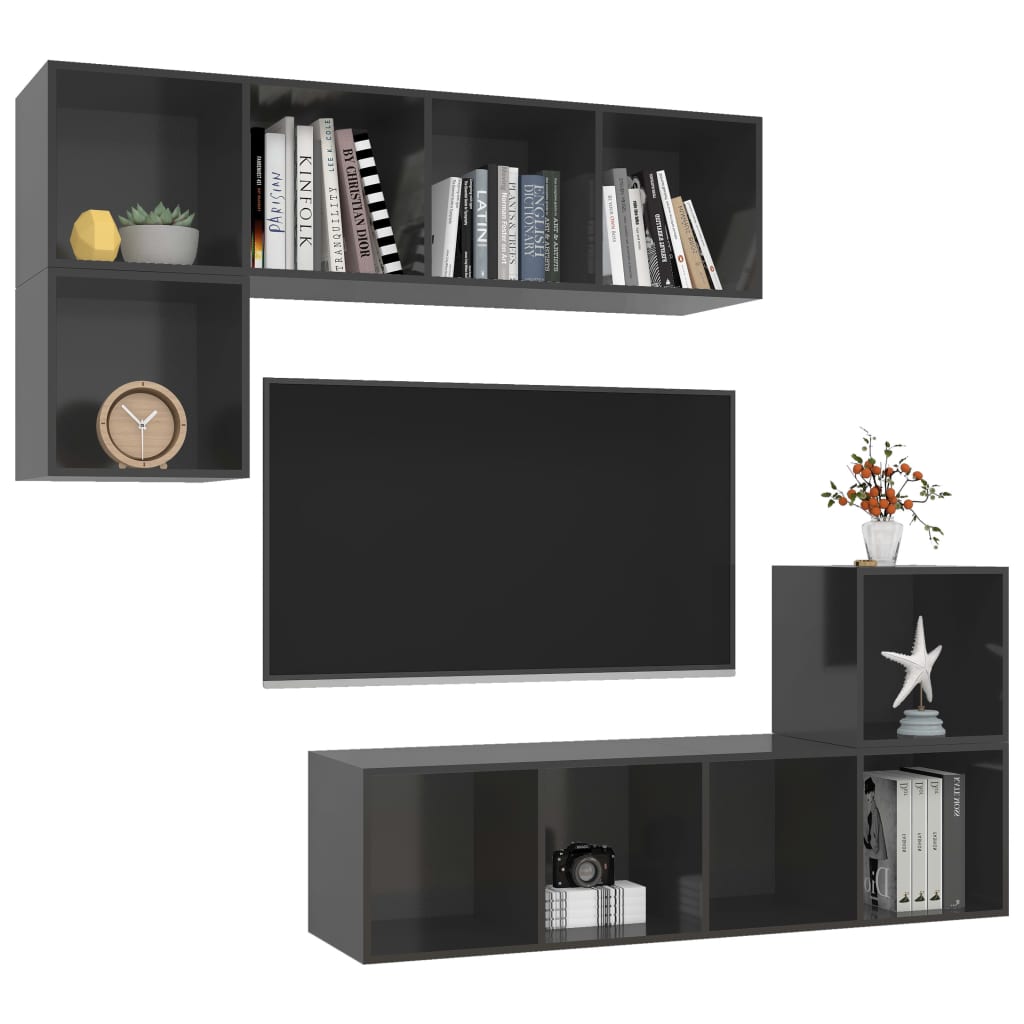 4 Piece TV Cabinet Set High Gloss Grey Engineered Wood