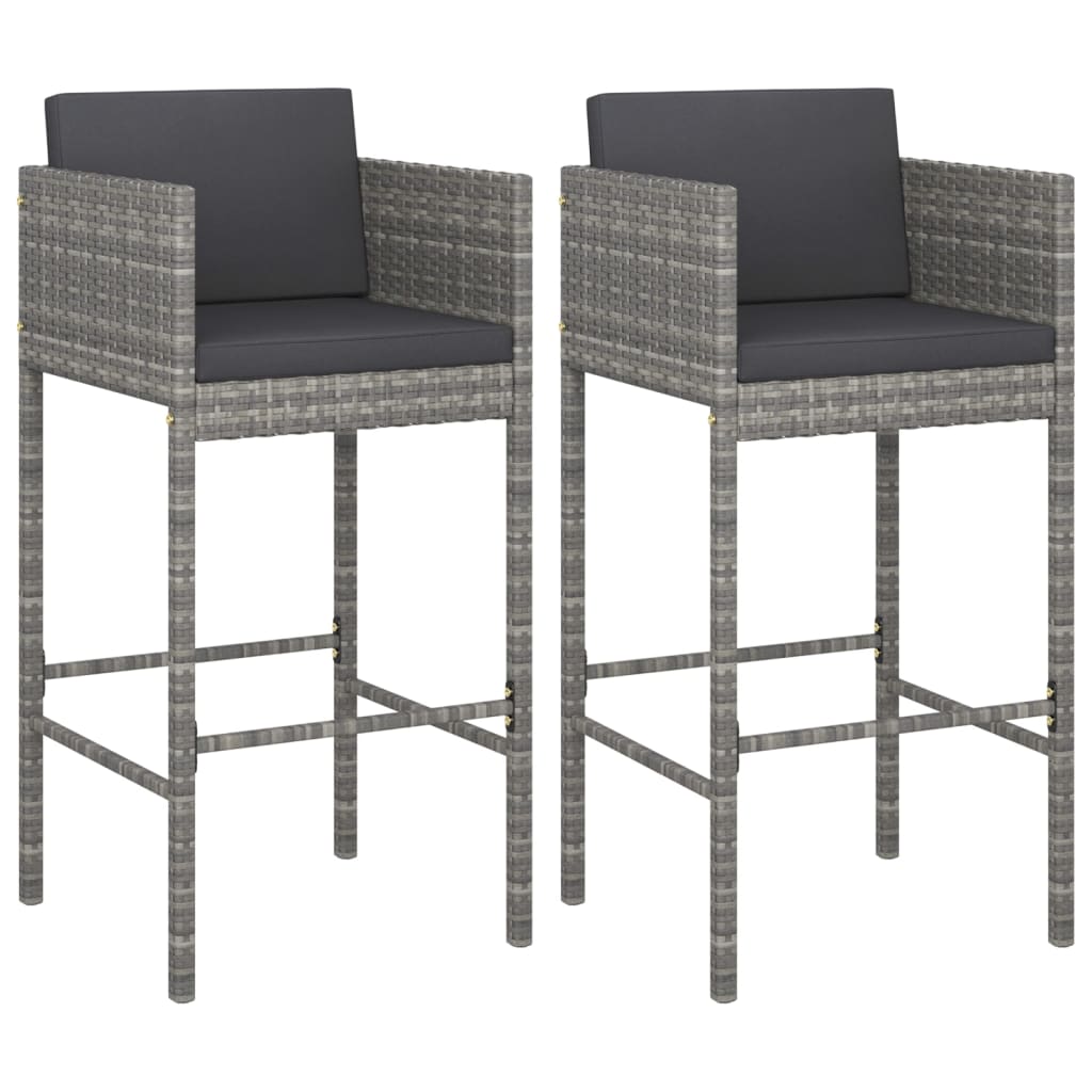 Bar Stools 2 pcs with Cushions Grey Poly Rattan