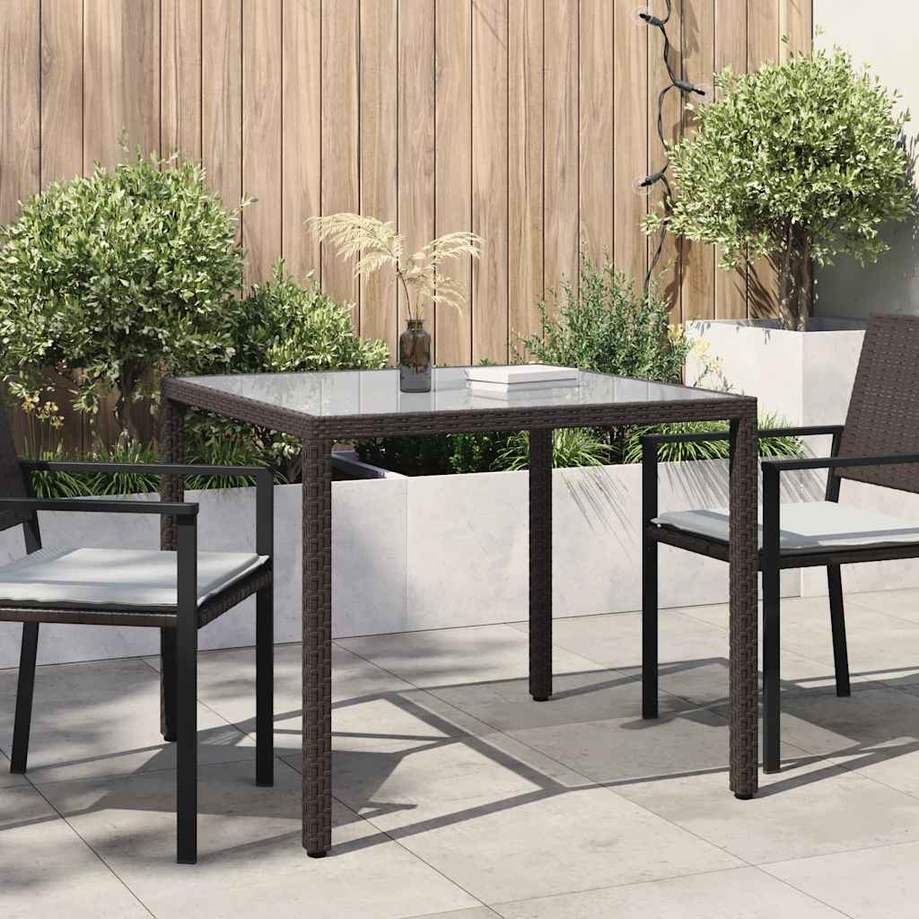 Garden Table 90x90x75 cm Tempered Glass and Poly Rattan Brown