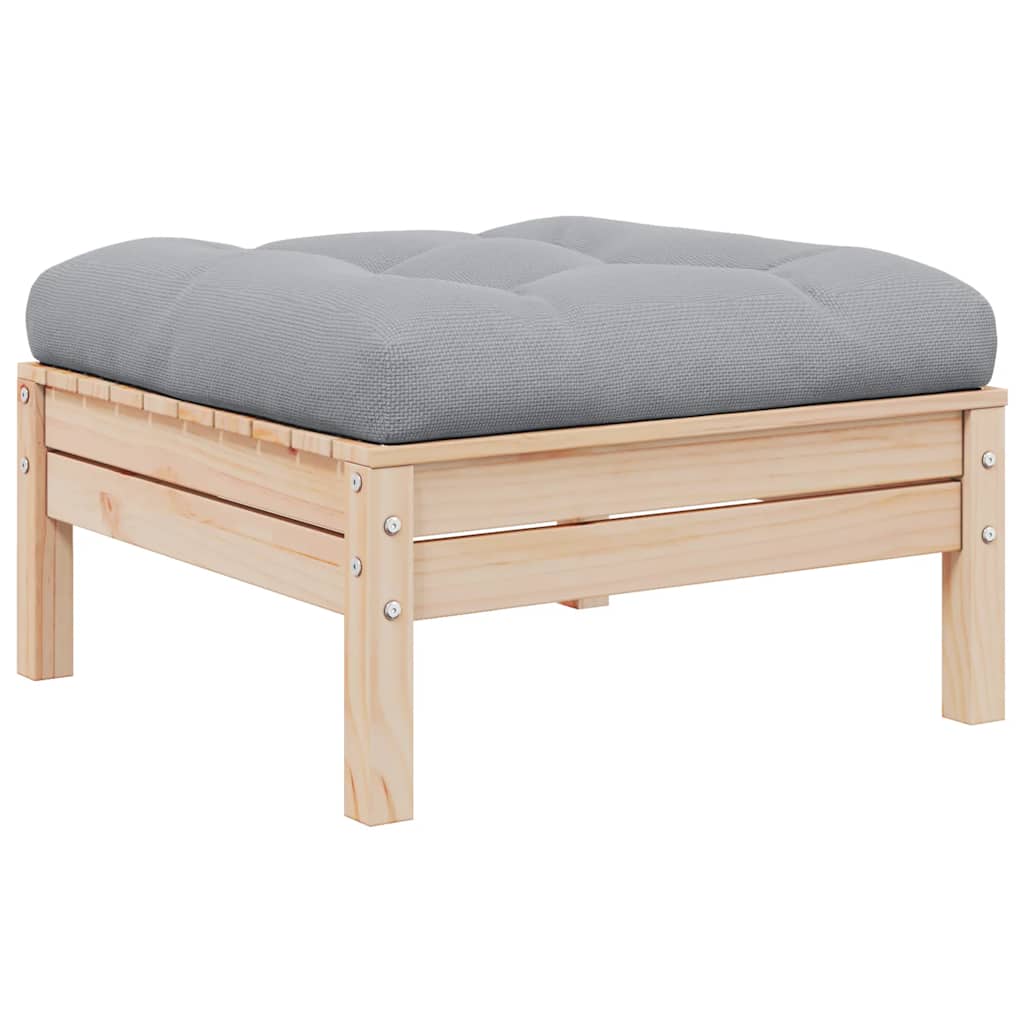 Garden Footstool with Grey Cushion Solid Pinewood