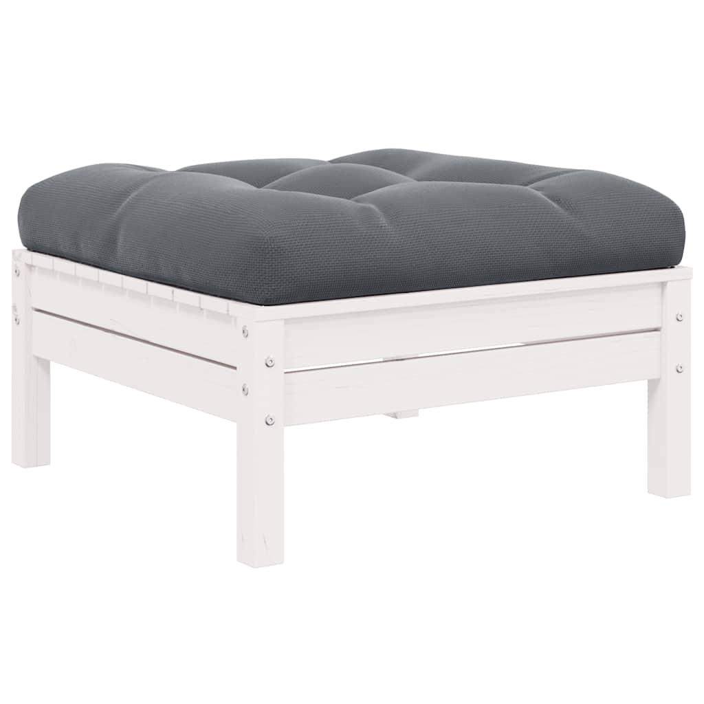 Garden Footstool with Anthracite Cushion White Solid Pinewood