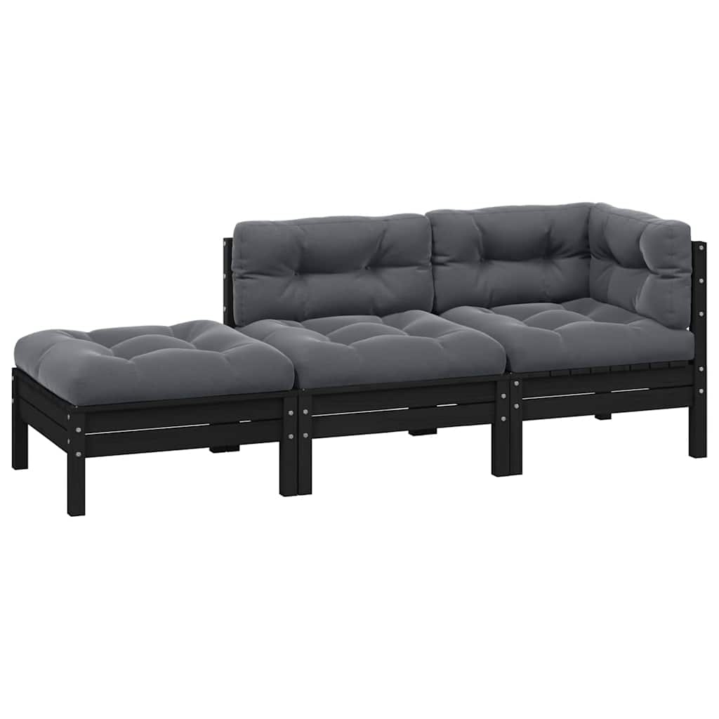 3 Piece Garden Lounge Set with Cushions Black Solid Pinewood