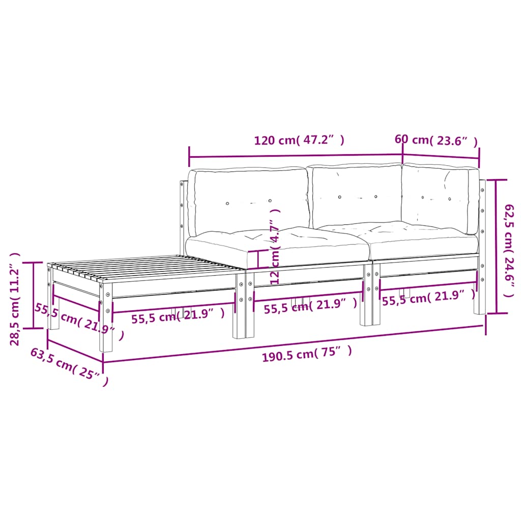 3 Piece Garden Lounge Set with Grey Cushions Solid Pinewood