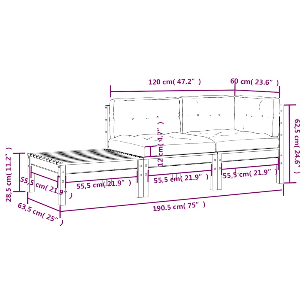 3 Piece Garden Lounge Set with Cream Cushions Solid Pinewood