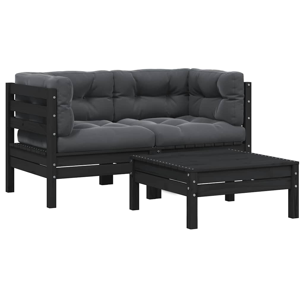 3 Piece Garden Lounge Set with Cushions Black Solid Pinewood