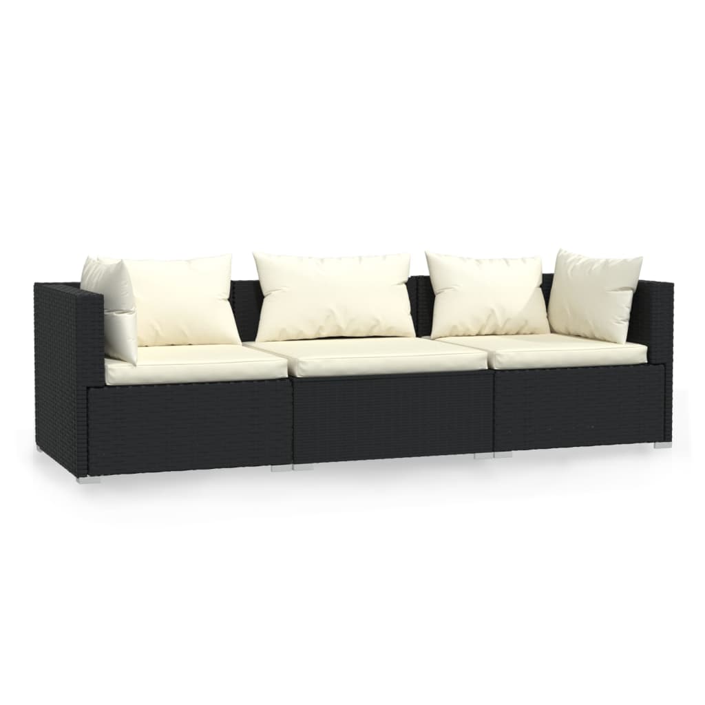 3-Seater Sofa with Cushions Black Poly Rattan