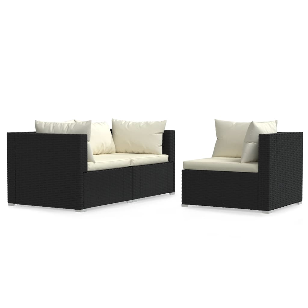 3 Piece Garden Lounge Set with Cushions Black Poly Rattan