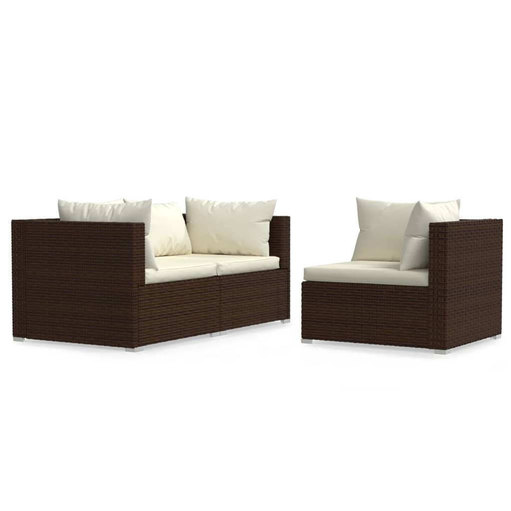 3 Piece Garden Lounge Set with Cushions Brown Poly Rattan