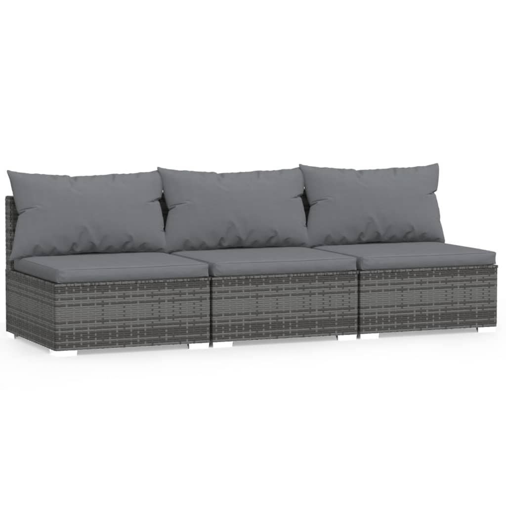 3-Seater Sofa with Cushions Grey Poly Rattan