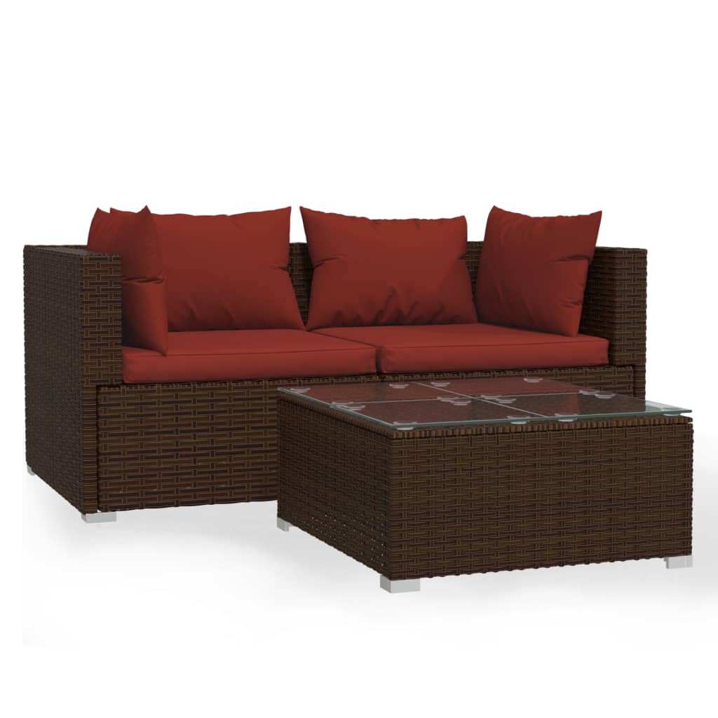 3 Piece Garden Lounge Set with Cushions Brown Poly Rattan